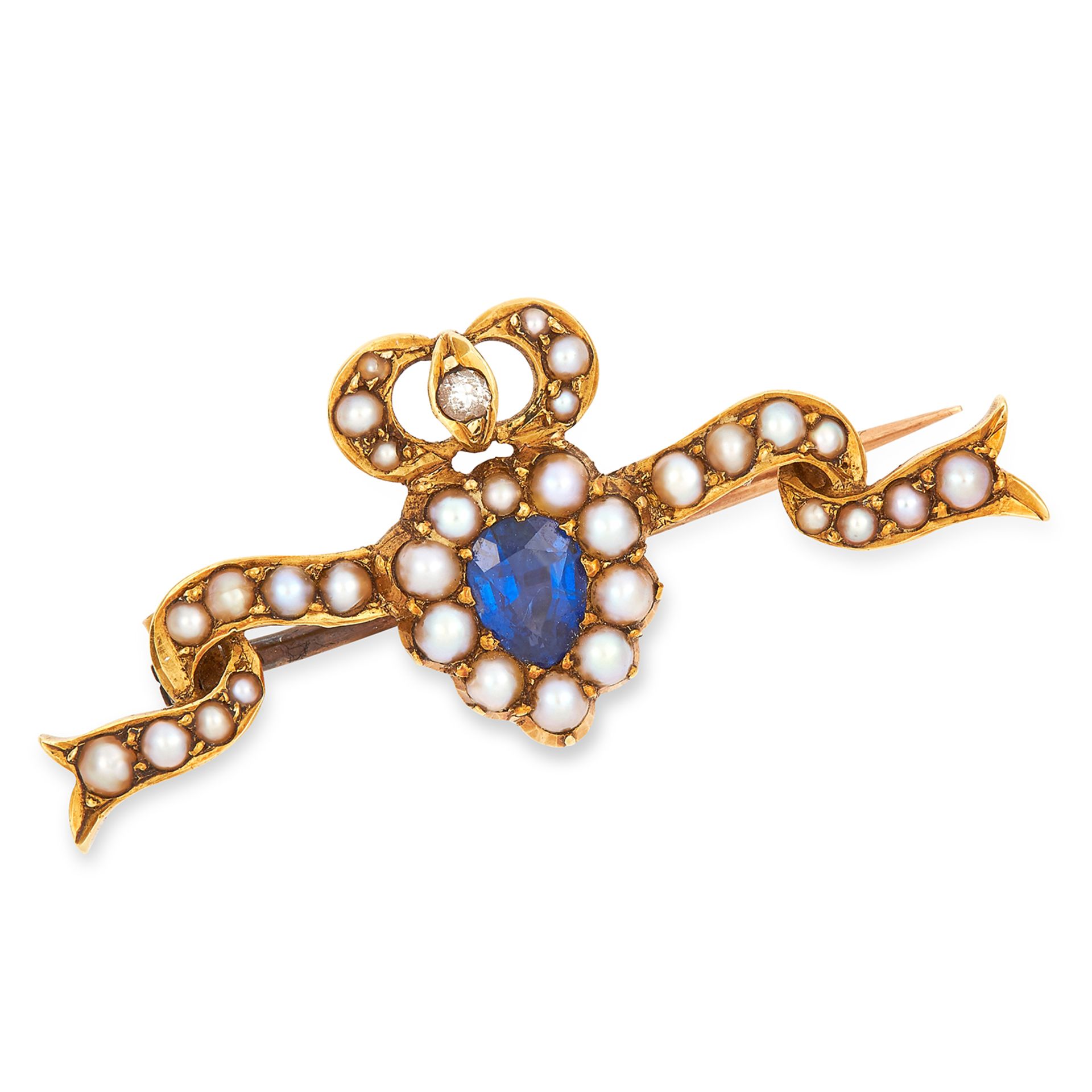 ANTIQUE SAPPHIRE, DIAMOND AND PEARL SWEETHEART BROOCH, 19TH CENTURY set with a pear cut sapphire,