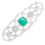 EMERALD AND DIAMOND BROOCH set with emerald cut emerald and old cut diamonds in open framework, 6cm,