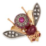 RUBY AND DIAMOND BUG RING set round and cabochon rubies and rose cut diamonds, size O / 7, 7.5g.