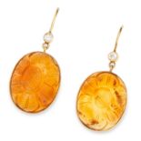 CITRINE AND DIAMOND DROP EARRINGS set with Mughal carved oval cabochon citrines totalling 43.50