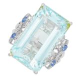 AQUAMARINE, SAPPHIRE AND DIAMOND RING set with an emerald cut aquamarine of 38.22 carats, round