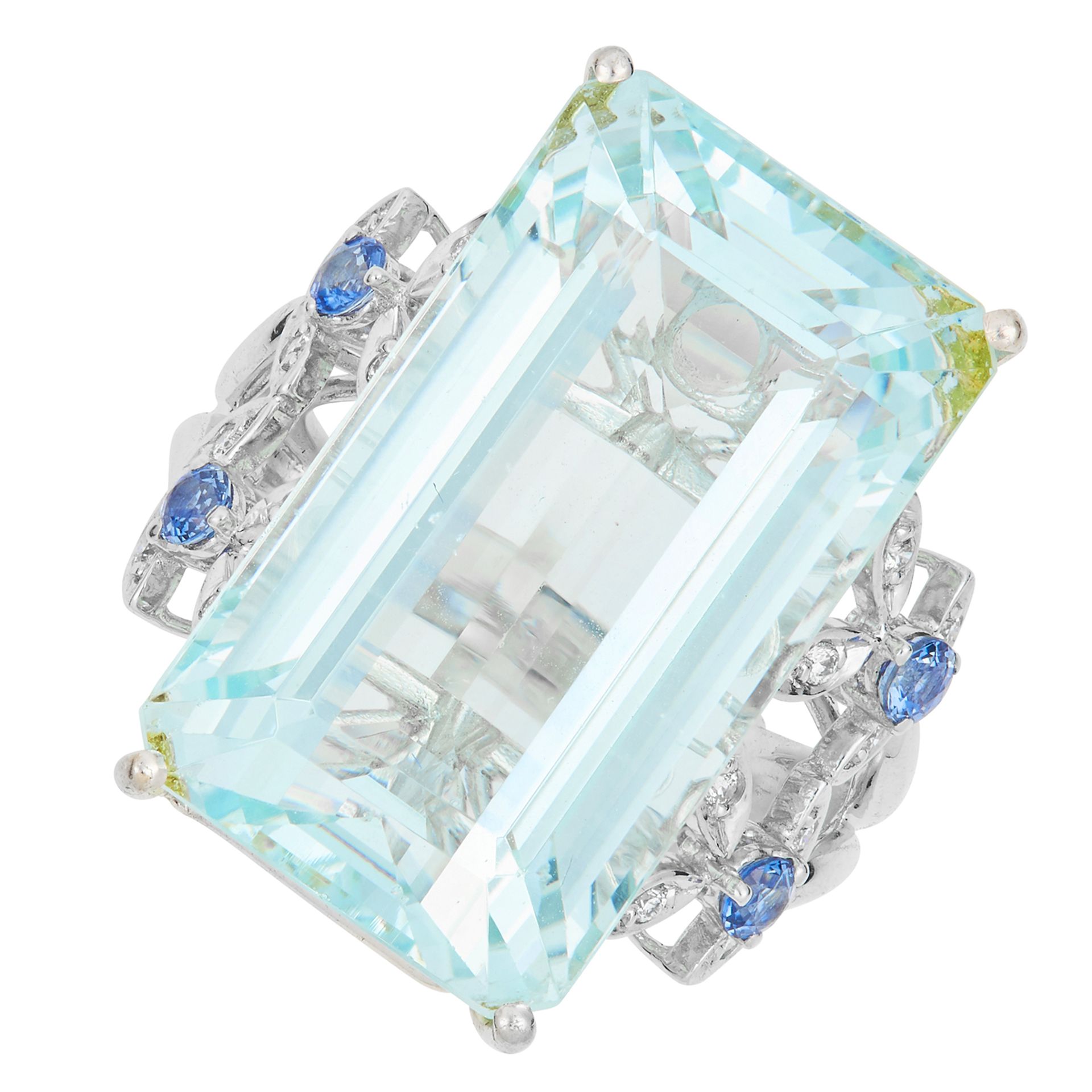 AQUAMARINE, SAPPHIRE AND DIAMOND RING set with an emerald cut aquamarine of 38.22 carats, round