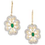EMERALD AND DIAMOND EARRINGS set with an oval cut emerald and round cut diamonds, 4.1cm, 8.6g.
