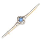 ANTIQUE SAPPHIRE AND DIAMOND BAR BROOCH set with a square cut sapphire in a border of round cut