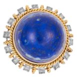 VINTAGE LAPIS LAZULI AND DIAMOND RING set with a circular lapis lazuli cabochon of 29.69 carats