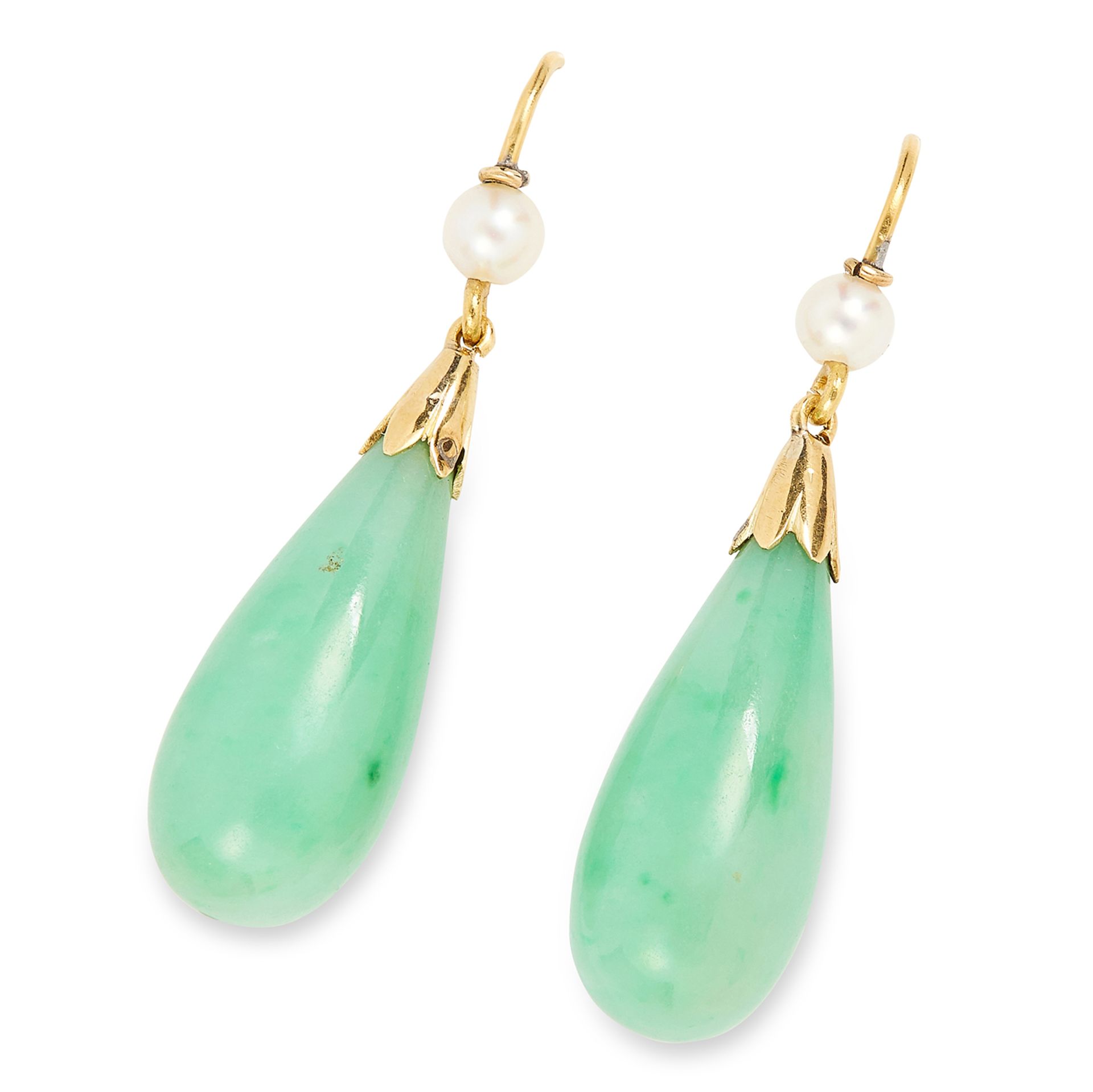 ANTIQUE JADE AND PEARL EARRINGS set with polished jade drops accented by pearls, 3.8cm, 7.1g.