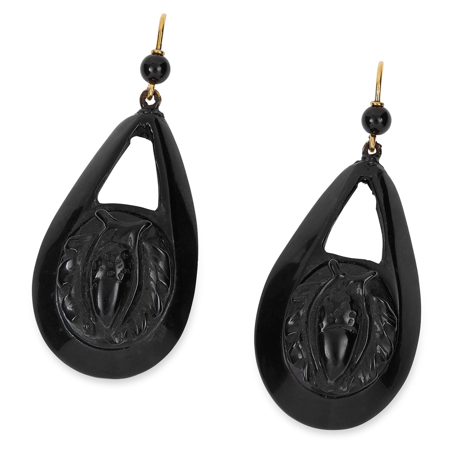 ANTIQUE WHITBY JET EARRINGS, 19TH CENTURY carved to depict insects to the front, 5.1cm, 7.3g.