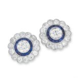 2.25 CARAT DIAMOND AND SAPPHIRE CLUSTER EARRINGS in Art Deco design, each set with round cut