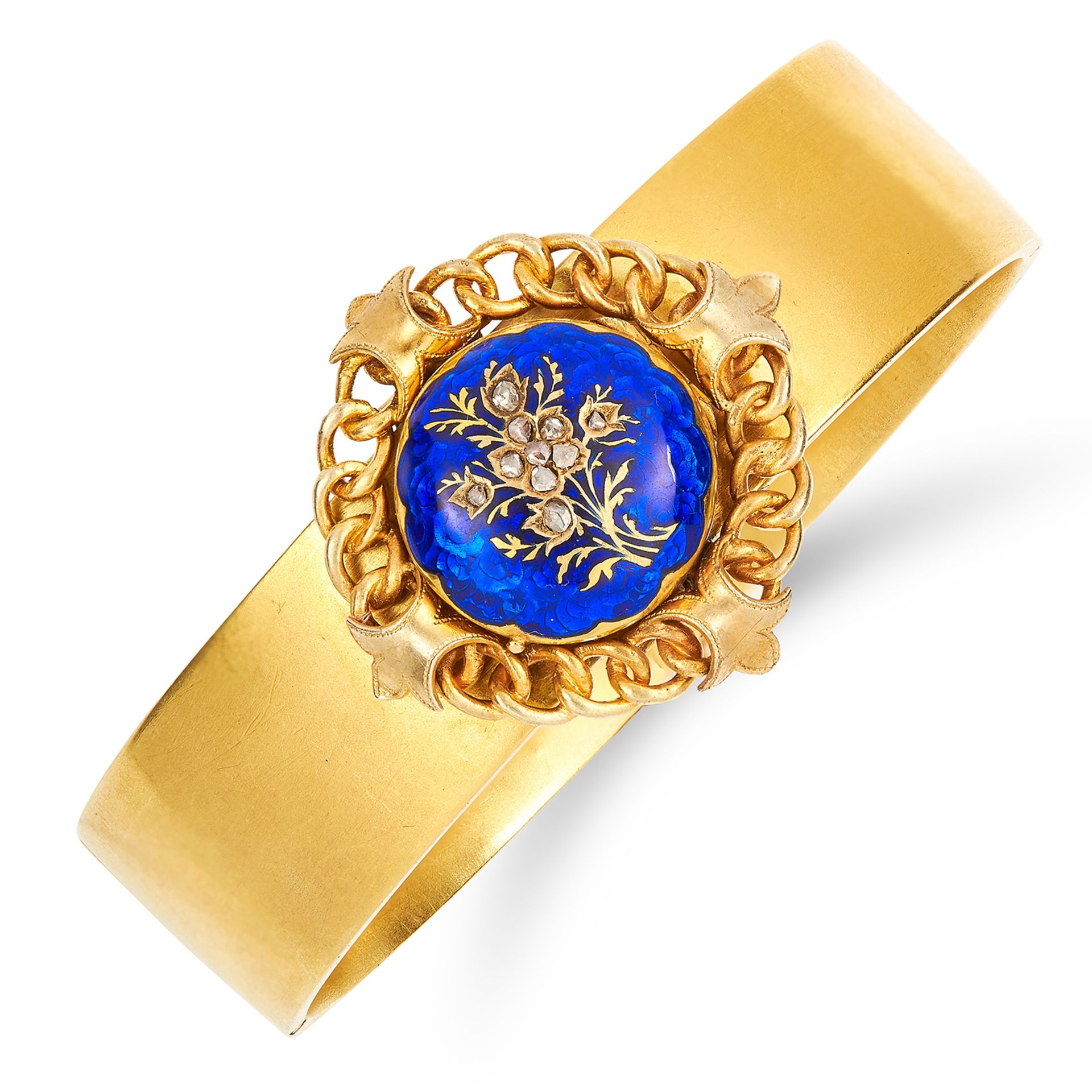 ANTIQUE VICTORIAN ENAMEL AND DIAMOND LOCKET BANGLE set with an open locket set with blue enamel