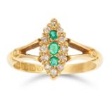 ANTIQUE EMERALD AND DIAMOND MARQUISE RING, set with cushion cut emeralds and old cut diamonds,