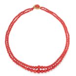 ANTIQUE TWO ROW CORAL BEAD NECKLACE CIRCA 1870 the two rows of coral beads graduating 3.9-10.9mm,