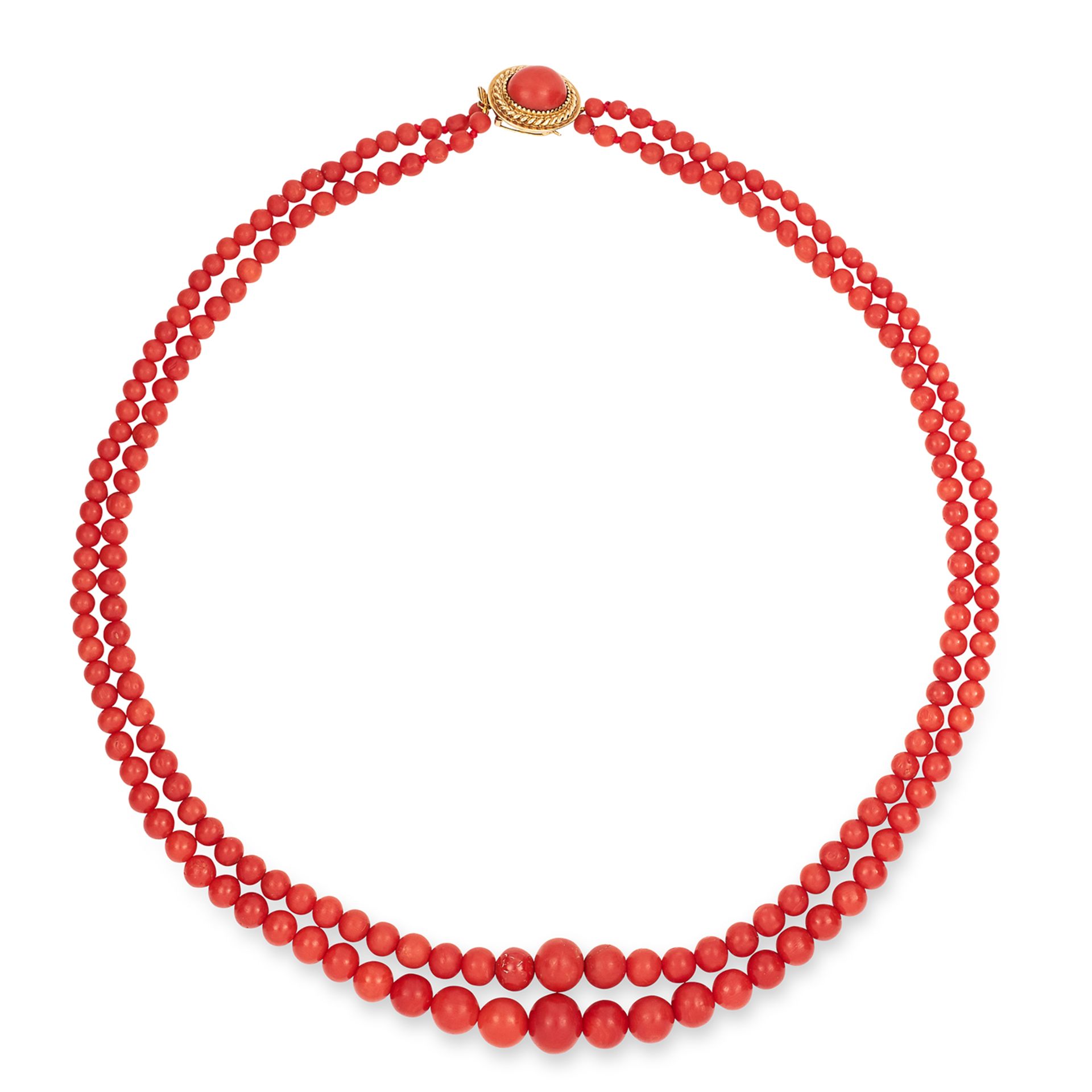 ANTIQUE TWO ROW CORAL BEAD NECKLACE CIRCA 1870 the two rows of coral beads graduating 3.9-10.9mm,