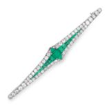 ANTIQUE ART DECO 2.50 CARAT EMERALD AND DIAMOND BAR BROOCH set with emerald and calibre cut emeralds