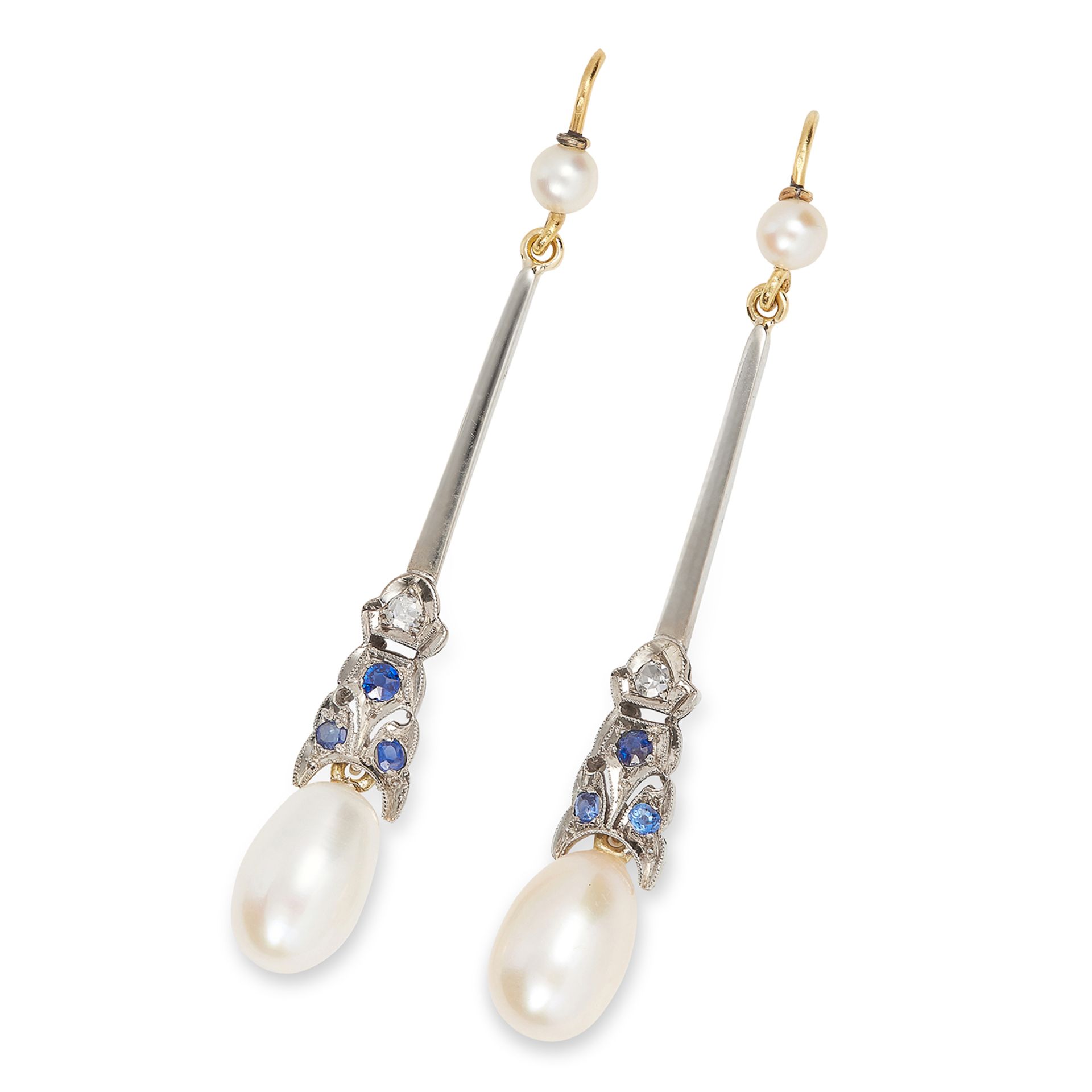 ART DECO PEARL, SAPPHIRE AND DIAMOND EARRINGS set with round cut sapphires and diamonds,