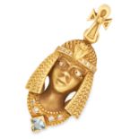 AQUAMARINE AND DIAMOND EGYPTIAN PENDANT depicting an Egyptian lady set with round cut diamonds and a