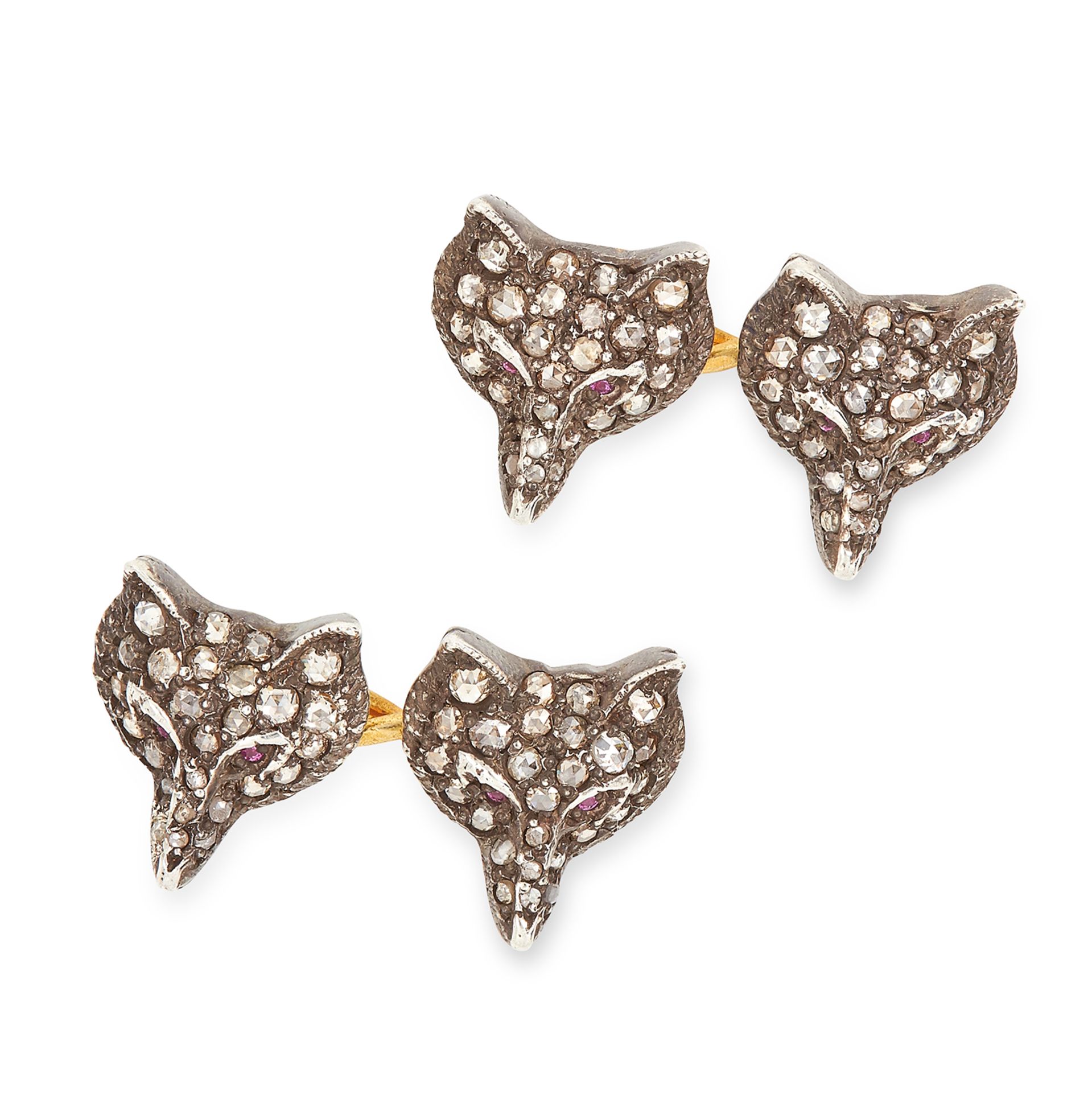 RUBY AND DIAMOND FOX CUFFLINKS each foxes head set with round cut rubies and rose cut diamonds, 6.