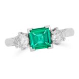 0.64 CARAT COLOMBIAN EMERALD AND DIAMOND THREE STONE RING set with a square cut emerald of 0.64