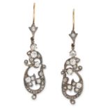 DIAMOND DROP EARRINGS in Art Deco design, set with old and rose cut diamonds, 4.8cm, 4.2g.