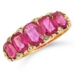 ANTIQUE UNHEATED RUBY AND DIAMOND RING set with five oval cushion cut rubies totalling approximately