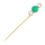 ANTIQUE EMERALD AND DIAMOND TIE PIN set with a cabochon emerald between two old cut diamonds, 4.9cm,