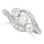 PEARL AND DIAMOND CROSS OVER RING set with a pearl in round cut diamonds, size M / 6, 2.9g.