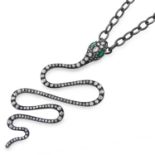 EMERALD AND DIAMOND SNAKE PENDANT set with marquise cut emeralds and round cut diamonds, 6.1cm, 13.
