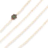 PEARL, DIAMOND AND EMERALD BEAD NECKLACE set with a row of pearls on antique emerald cut emerald and