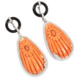 CORAL, ONYX AND DIAMOND EARRINGS in 18ct white gold, each formed of a piece of carved coral