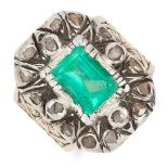 EMERALD AND DIAMOND RING, INDIAN set with an emerald cut emerald and diamond sparks, size Q / 8,