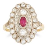 ANTIQUE RUBY ABD DIAMOND CLUSTER RING, set with an oval cut ruby and transitional cut diamonds, size