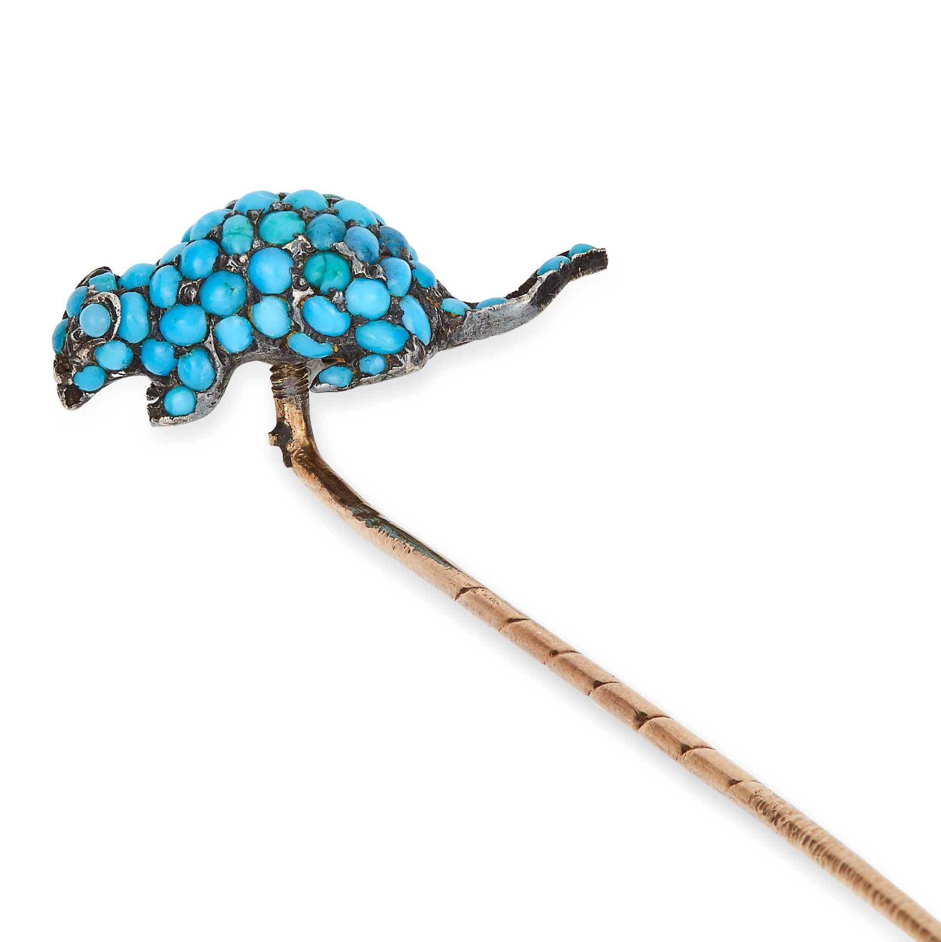 ANTIQUE TURQUOISE RAT / MOUSE STICK PIN set with turquoise cabochons, 7.4cm, 4.4g. - Image 2 of 2