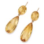 ANTIQUE CITRINE EARRINGS set with pear and oval cut citrines, 4.0cm, 5.8g.