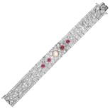 RUBY, PEARL AND DIAMOND BRACELET in Art Deco design set with a pearl, cabochon rubies, and round cut