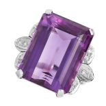 AMETHYST AND DIAMOND RING set with an emerald cut amethyst and round cut diamonds, size P / 7.5, 9.