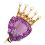 AMETHYST AND PEARL BROOCH / PENDANT set with a pear cut amethyst and seed pearls in a crown motif,