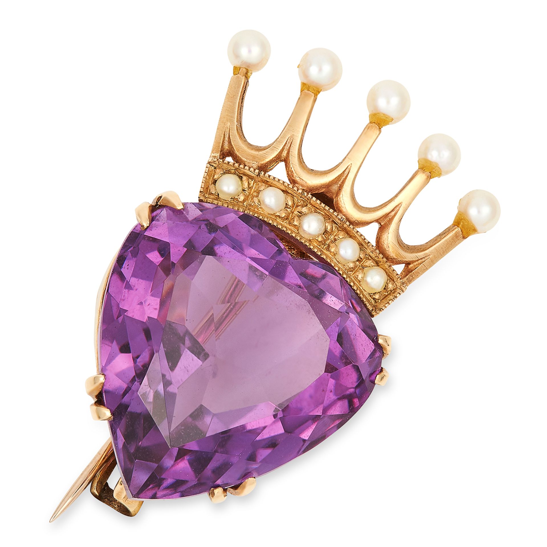 AMETHYST AND PEARL BROOCH / PENDANT set with a pear cut amethyst and seed pearls in a crown motif,