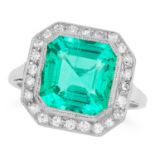 4.54 CARAT COLOMBIAN EMERALD AND DIAMOND RING set with an emerald cut emerald of 4.54 carats in a