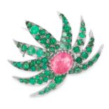 RUBY AND EMERALD BROOCH in abstract design set with a cabochon ruby and cabochon emeralds, 3.7cm,