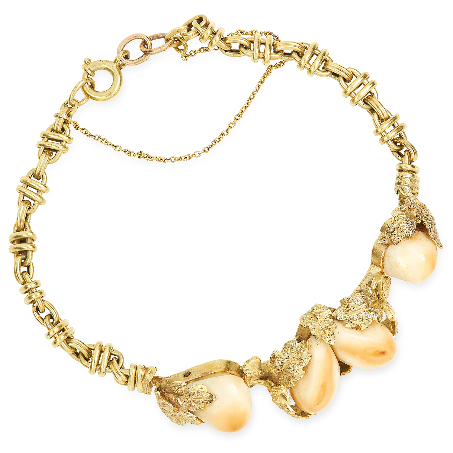 ANTIQUE ELK TEETH BRACELET set with four elk teeth in foliate gold border, 9.9g.