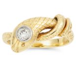 ANTIQUE DIAMOND SNAKE RING depicting a snake coiled around itself set with a round cut diamond, size