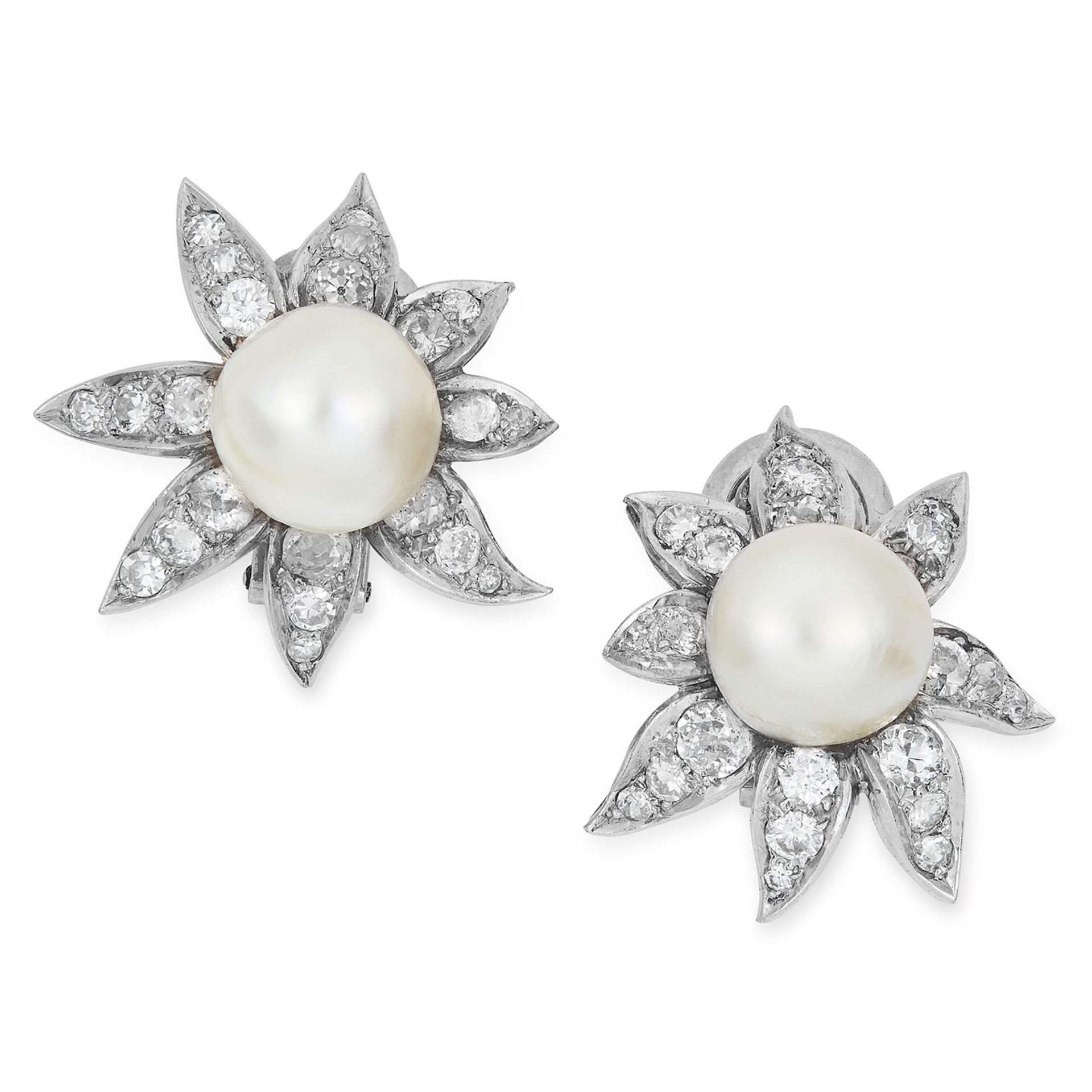 NATURAL SALTWATER PEARL AND DIAMOND EARRINGS formed of a pearl in a cluster of old and round cut
