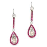 ANTIQUE 1.50 CARAT RUBY AND DIAMOND DROP EARRINGS each set round and rose cut diamonds in a border