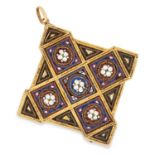 ANTIQUE MICROMOSAIC PENDANT, 19TH CENTURY the cross design set with carved hardstone micromosaic,