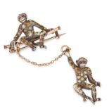 GEMSET MONKEY BROOCH comprising of two monkeys set with white and red paste gemstones, 8.2cm, 9.2g.
