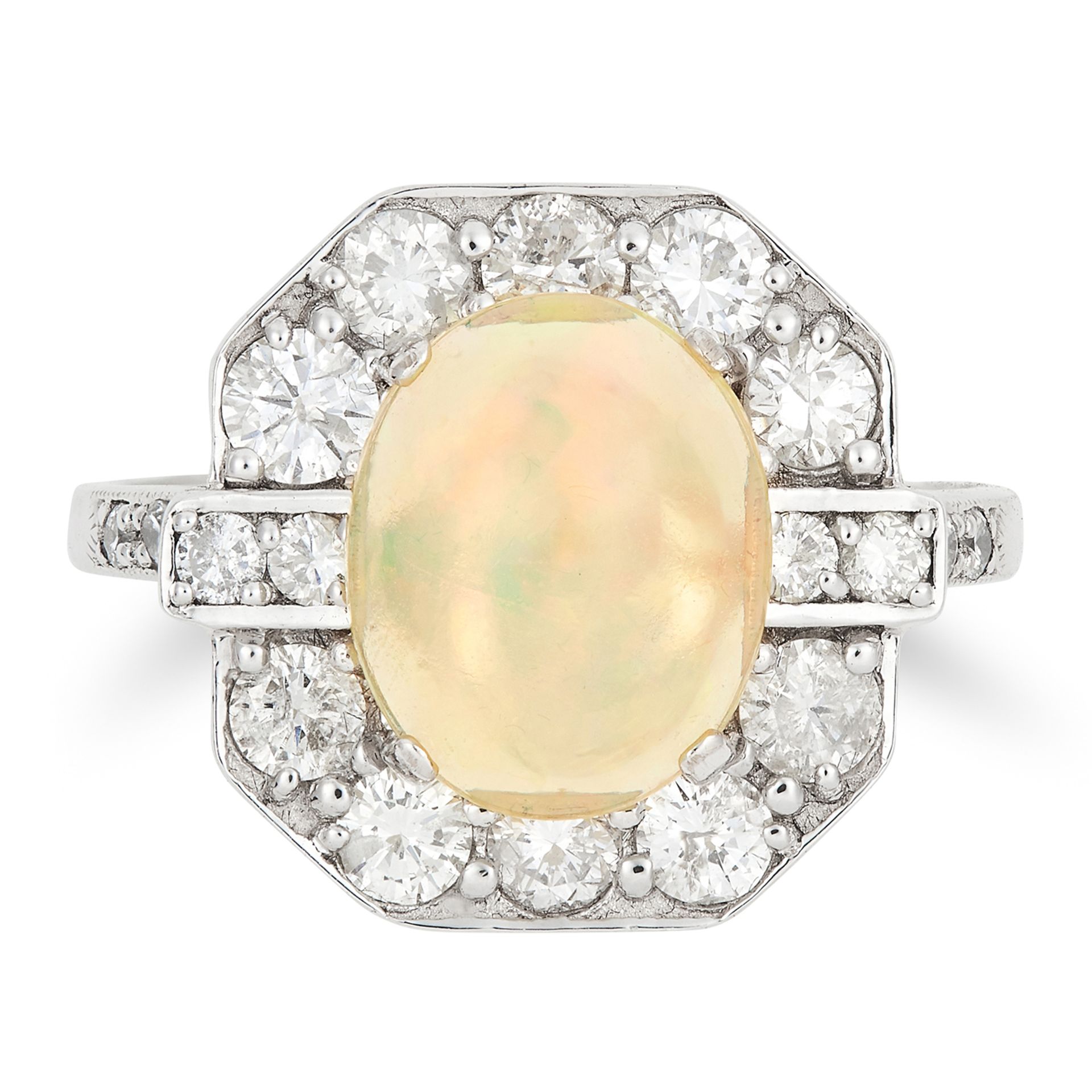 OPAL AND DIAMOND RING in Art Deco style, set with a cabochon opal in a border of round cut