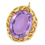 ANTIQUE AMETHYST PENDANT, set with an oval cut amethyst in a gold foliate border, 4.5cm, 15.8g.