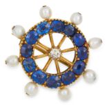 ANTIQUE SAPPHIRE, DIAMOND AND PEARL BROOCH set with cushion cut sapphires totalling approximately