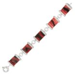 HARDSTONE BRACELET in silver, set with five polished hardstone links in silver mount, stamped 925,