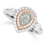 0.71 CARAT FANCY BLUE GREEN AND WHITE DIAMOND RING set with a pear cut fancy blue green diamond of