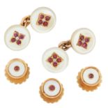 ANTIQUE MOTHER OF PEARL, RUBY AND DIAMOND CUFFLINKS AND BUTTON SET formed of polished mother of